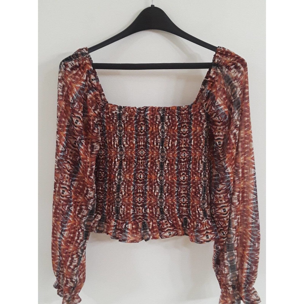 Womens Macy s Leyden Square Neck Puff Sleeve Ethnic Print Fall Casual Blouse